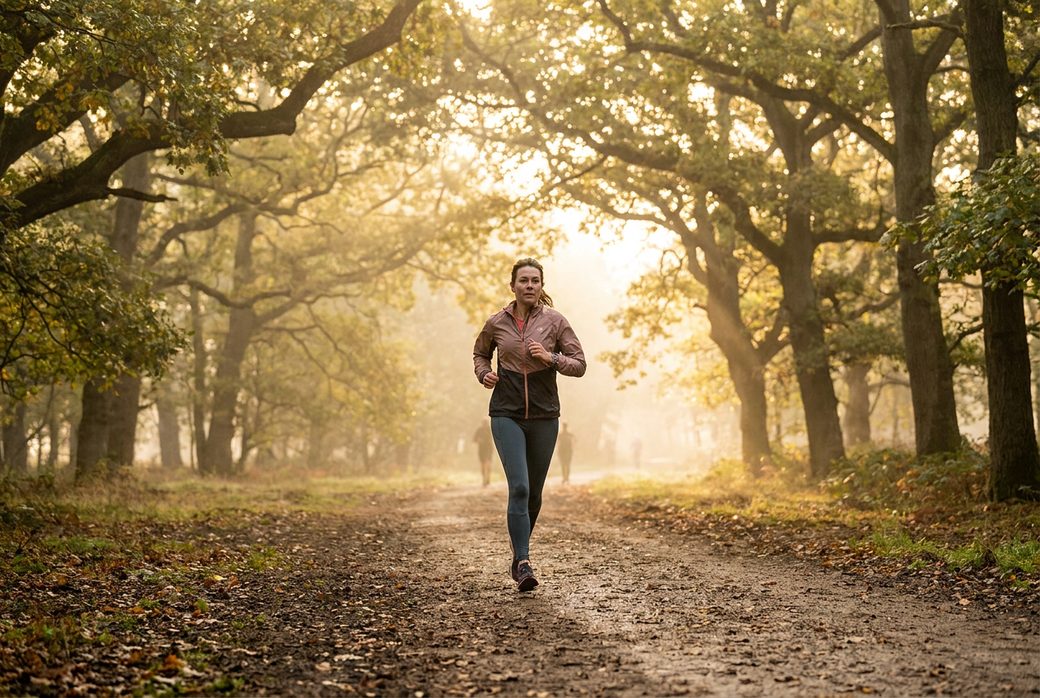 Adult jogging on a tree lined path in the morning
