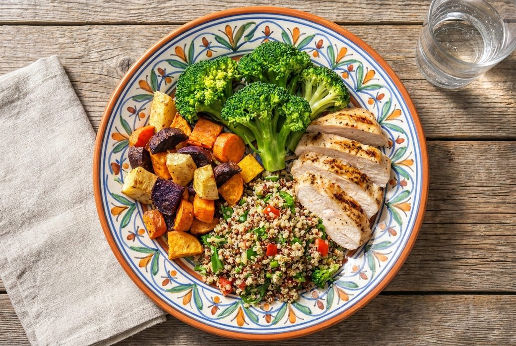 Colorful plate of fresh vegetables and lean protein