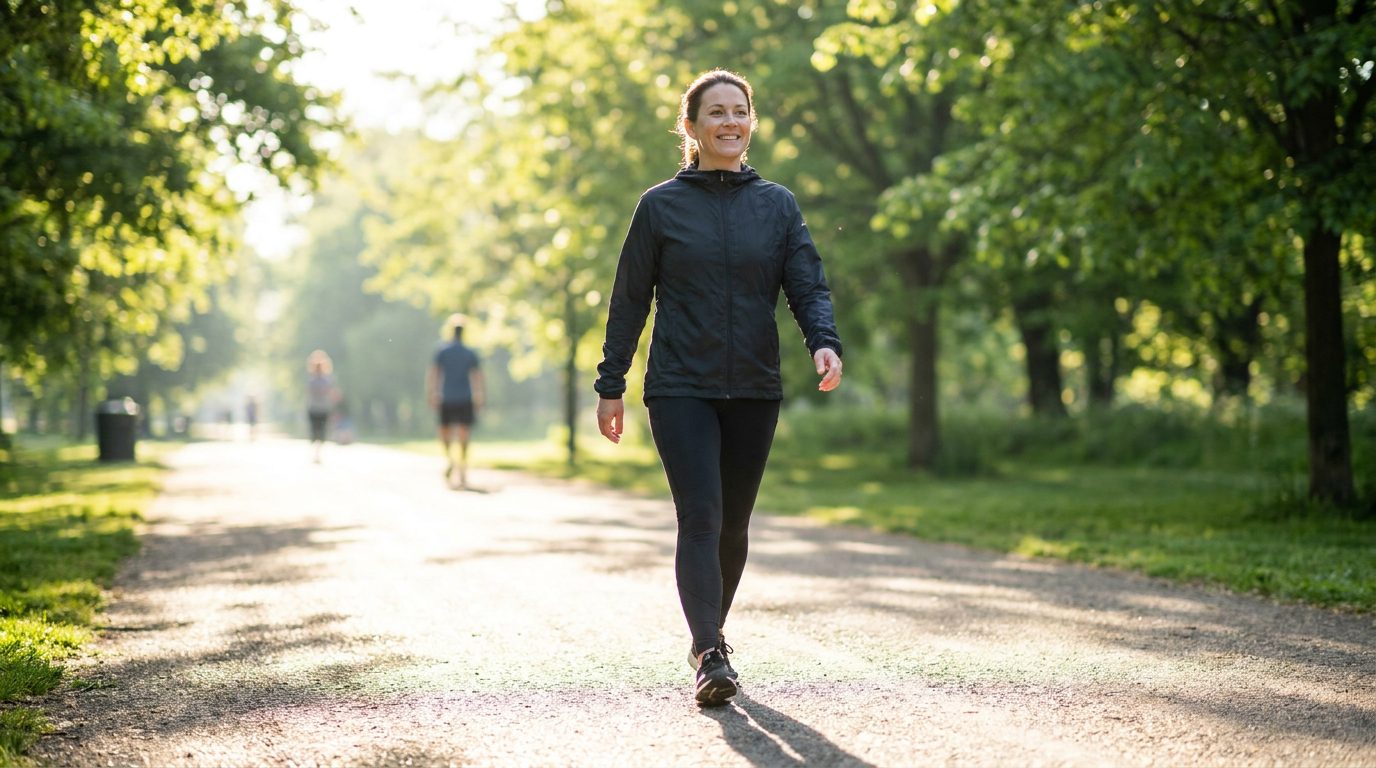 Healthy active adult walking outdoors on a bright morning