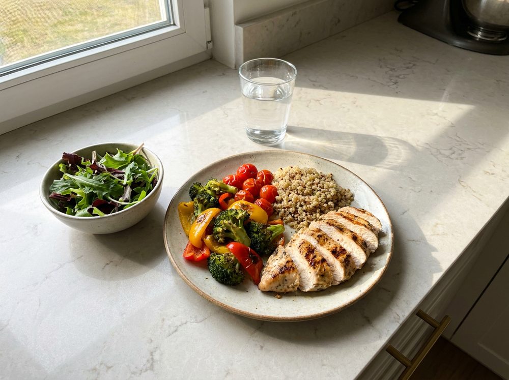 Fresh balanced healthy meal arranged on a kitchen counter
