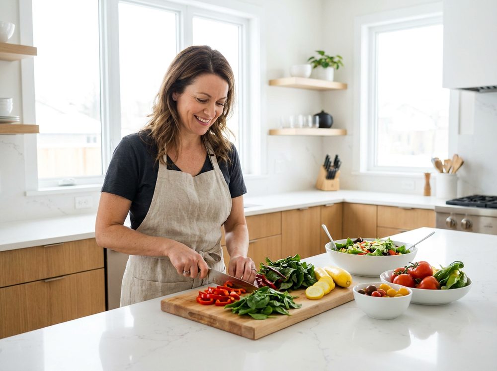 Person preparing a healthy meal in a bright kitchen